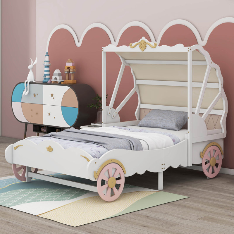 Zoomie Kids Albertie Princess Carriage Wood Platform Bed with Canopy and 3D Carving Pattern Wayfair